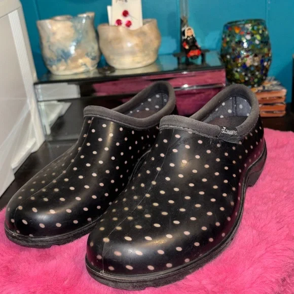 SLOGGERS Black with Light Pink Polka Dot Clogg Waterproof Gardening Shoes size 7 - Picture 3 of 9